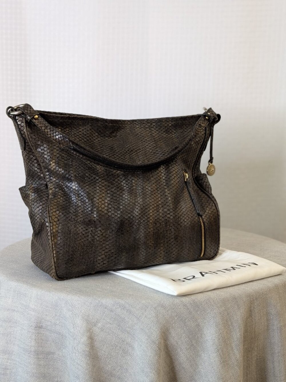 Brahmin Metallic Bronze Embossed Leather Hobo Shoulder Bag Dust Bag - Picture 2 of 12